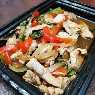 #E1 Pad Ka Prow with Pork ($12.95) in takeout container