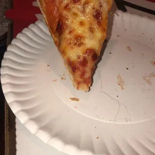 a slice of pizza on a paper plate