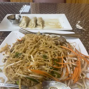 Pad Thai and half the serving of steamed dumplings- I had eaten three already.
