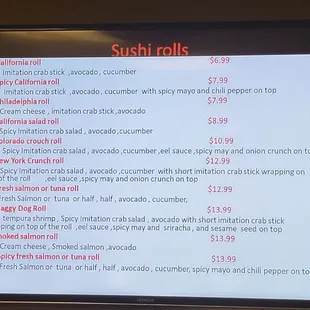 a menu for sushi rolls