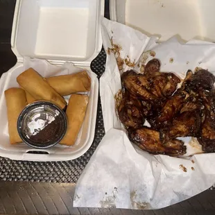 Spring rolls and bbq chicken wings