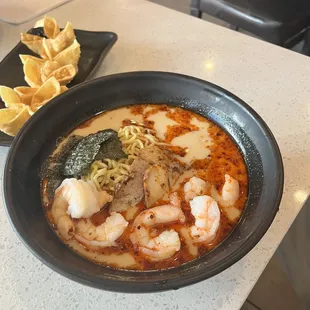 Shrimp and chicken ramen in pork broth