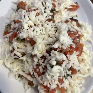 a plate of pasta with tomatoes and cheese