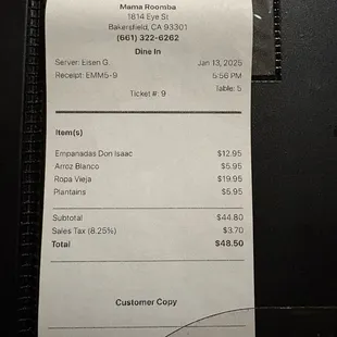 Receipt from the restaurant; it&apos;s very pricey, and the quality and seasoning of the food does not match it