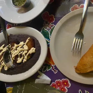 corn and cheese empanadas and black beans and plantain