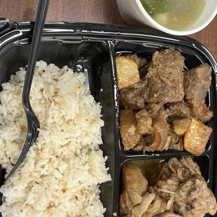 Chicken abobo, pork adobo, garlic rice, sinigag
