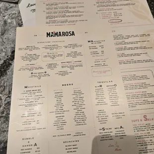 Drink and food menus