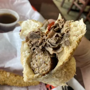 Inside of the beef &amp; sausage bomber. Super tasty