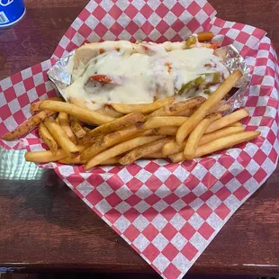 Italian Beef with cheese and sweet peppers.