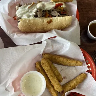 Beef &amp; sausage bomber &amp; fried pickles- very good