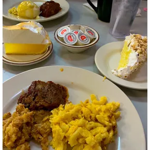 a plate of breakfast food on a table