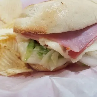 Italian sub, with a side of chips.