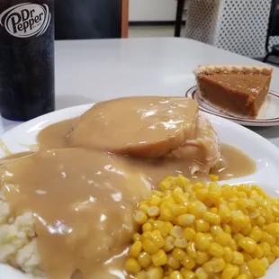 Turkey Manhattan with a side of corn, Pepsi, and a slice of homemade pumpkin pie.