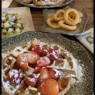 Chicken and Waffle,  Chicken waffle with strawberries, Onion Rings