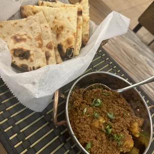 Aloo Keema (Beef) with Naan &amp; Roti- this dish was my favorite! It had the perfect amount of spice!