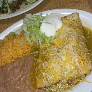 Chicken enchiladas, rice and beans!