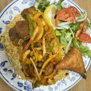 Goat meat and rice; sambusa