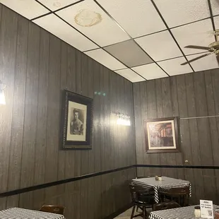 a dining room with a ceiling fan