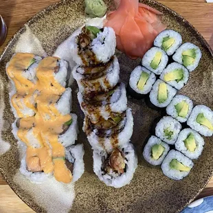 Spicy Salmon Roll, Shrimp Tempura Roll, Avocado