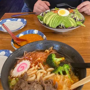 Spicy beef udon and house salad (egg originally from udon)