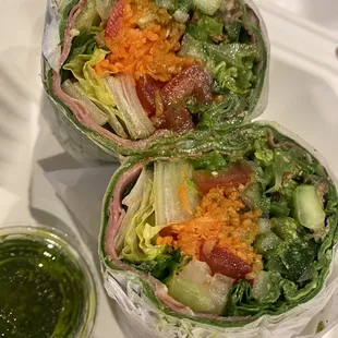 Veggie wrap with prosciutto. Love their pesto sauce.