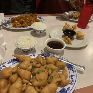 Orange Chicken in background.  Springfield chicken in front