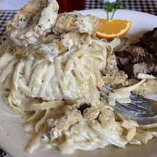 Fettuccine Alfredo with Eggplant Twists &amp; 8 oz Fillet.