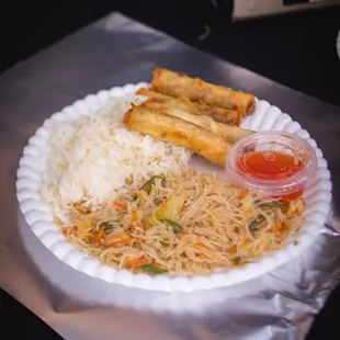 Rice, pancit and lumpia