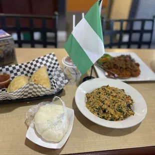 Jollof rice Beef bowl Egusi Meat pie ( chicken &amp; veggie) Meat pie (beef &amp; veggie)