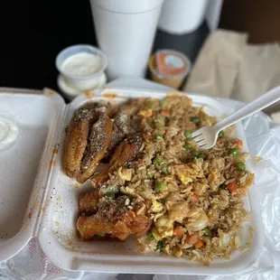 Hot Garlic Parmesan wings with shrimp fried rice.