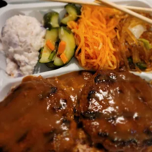 Dinner@Mama Woo&apos;s; 4/12/2023.I ordered BBQ Hamburger Steak.I especially enjoy da Brown Rice!.Da Daikon &amp; Cucumbers, a bit Spicy, Spicy 4 me!