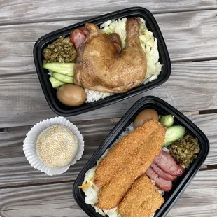 ig: @whatsviveating  | rice with soy braised chicken leg quarter, rice with fried fish fillet, and pepper bun