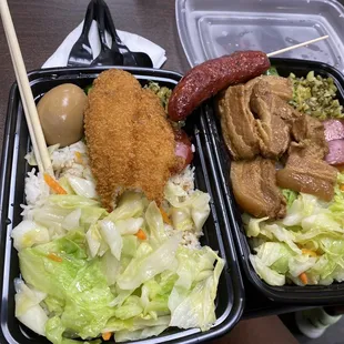 Taiwanese sausage (on a stick) and Pork Belly bento box