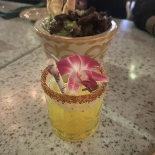 Mango Margarita and guacamole with steak.