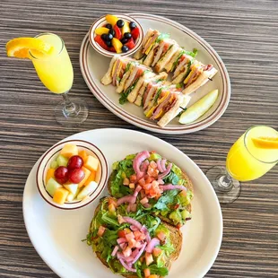 Avocado toast, breakfast club, mimosas