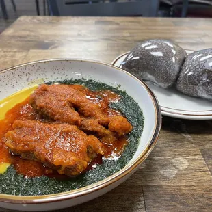 1/2/24 Gbegiri with Ewedu with goat and fish and a side of amala. Very interesting.