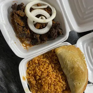 Suya Platter, Side of Jolof Rice, and Meat Pie Side