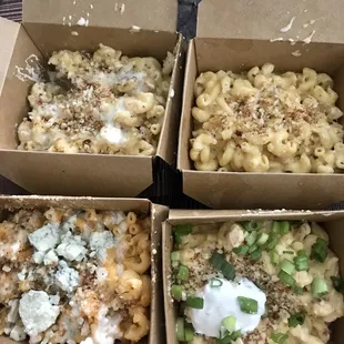 L-R Top-Bottom Chicken Bacon Ranch Mac, Vermont Cheddar Mac, Buffalo Chicken Mac w/ Blue Cheese, Loaded Baked Potato Mac
