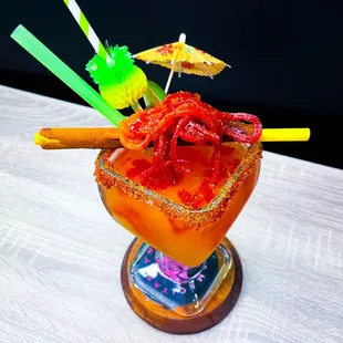 Our Clásicas Mamacitas Michelada is a spicy combination with tajín, chamoy and a few gummies for decoration.