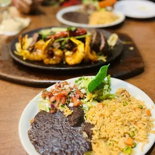 Shrimp and Beef Fajitas* for two with black beans and rice