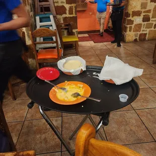 a table with plates of food on it