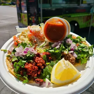 Campechano, suadero, and pescado tacos.