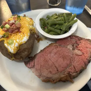 Prime Rib with Loaded Baked Potato and green beans