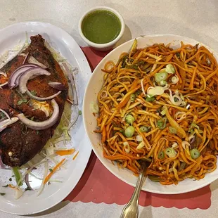 Tandoori Pomfret Fish - One Fish and Veg Schezwan Noodles