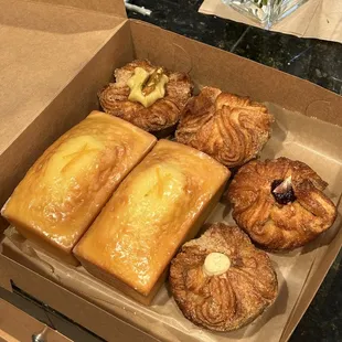 Ginger and Blueberry Kouign Amann, 
 Cardamom with mascarpone Kouign Amann, Pistachio with White Chocolate KA, and Meyer lemon tea cake
