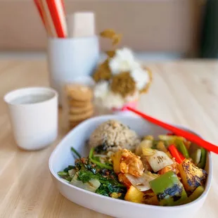 Sweet &amp; Sour Chicken Rice Plate w/ wok'd veggies, white rice | $14 + $3 sub for jade fried rice (almond cookies - $5)