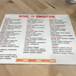 Menu smoothie &amp; bowls