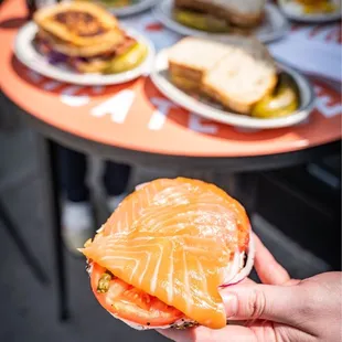 a person holding a salmon sandwich