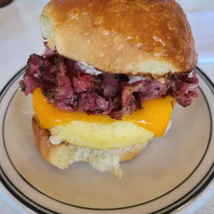 Pastrami egg and cheese, extra pastrami and caramelized onion