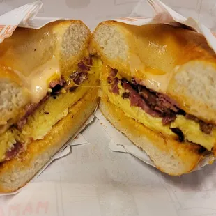 Pastrami, egg, and cheese bagel